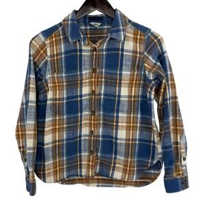 L.L.Bean Flannel Shirt Womens XS Petite Blue Brown Plaid Button Up